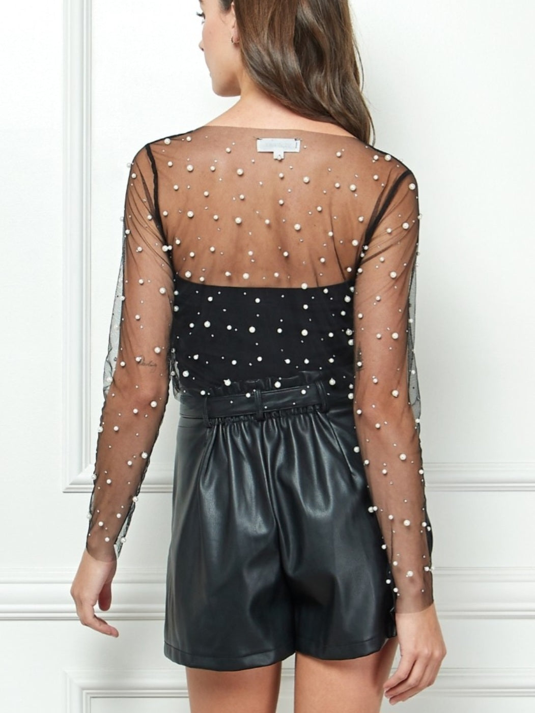 Pearl Trim Sheer Mesh Crop Top