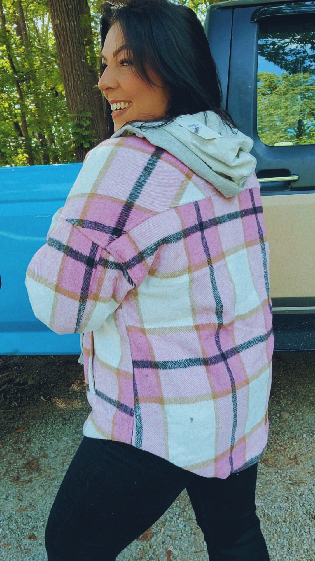 Hooded plaid comfy casual jacket. Button down pocket patched dropped shoulder side view