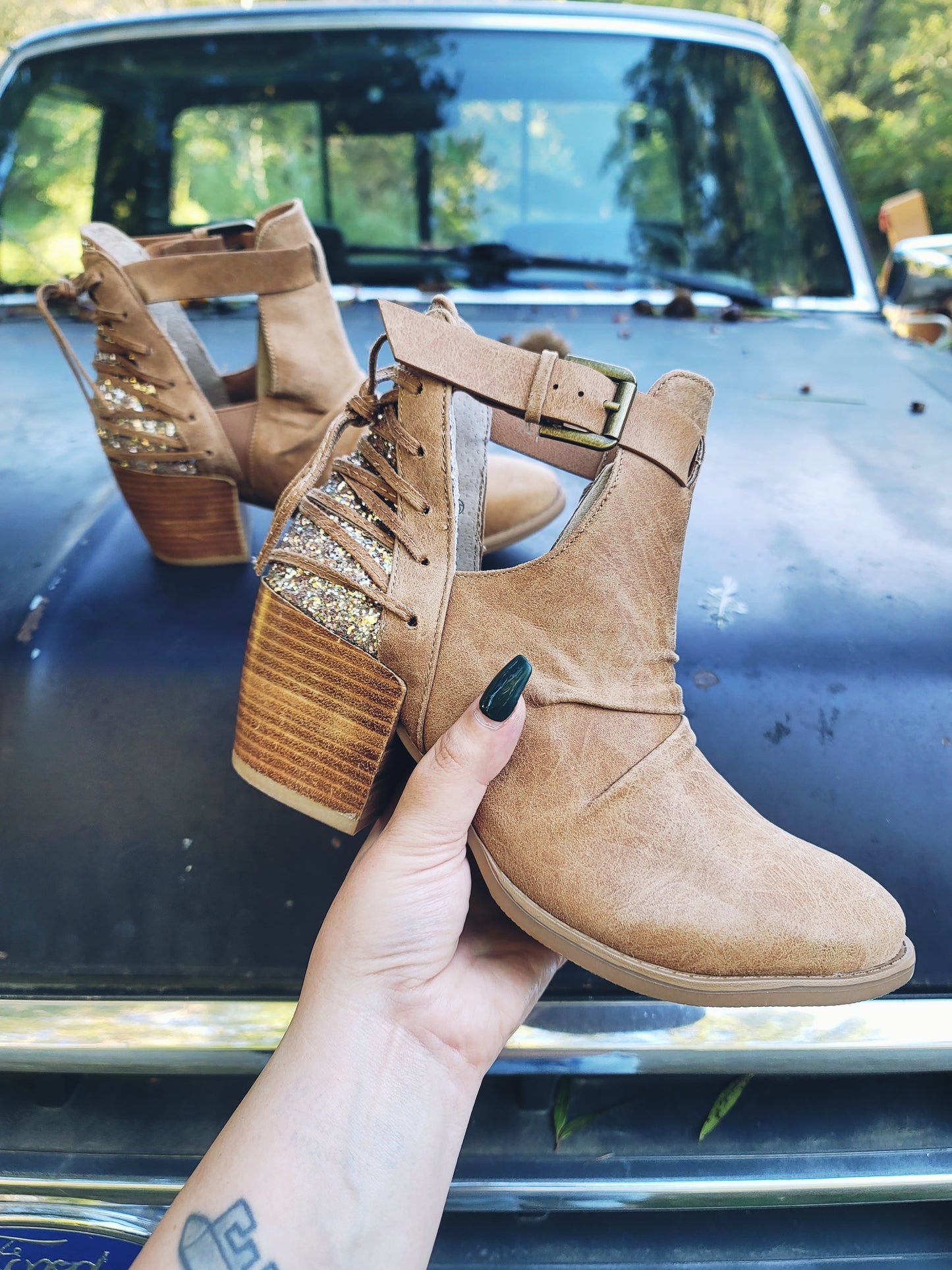 Tan and Gold Womens Bootie with heel. Corset set back with gold glitter, adjustable ankle strap for comfort.