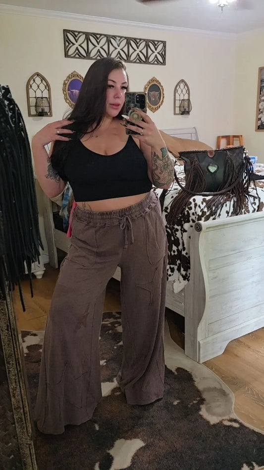 Mineral Wash Star Patch and Print Wide Leg Pants