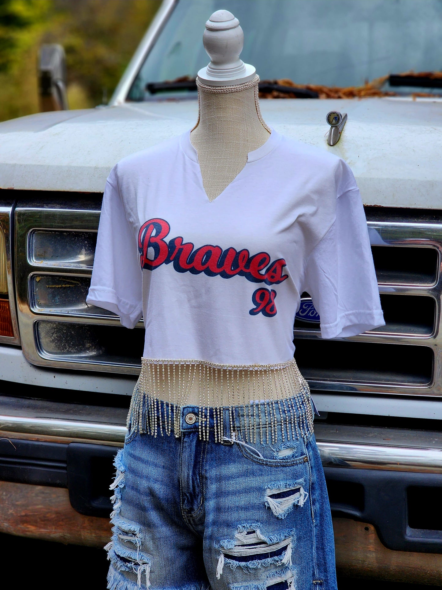 Braves Morgan Wallen Rhinestone Fringe Top