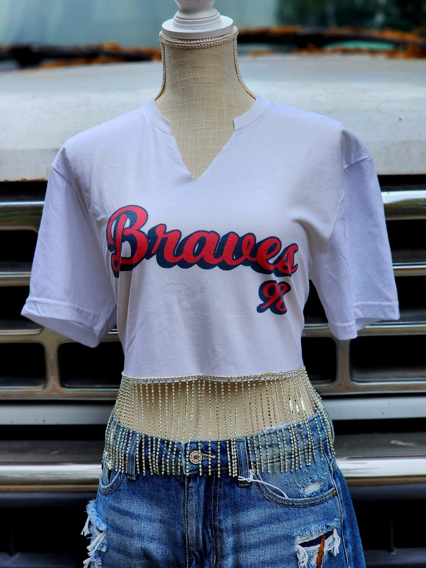 Braves Morgan Wallen Rhinestone Fringe Top