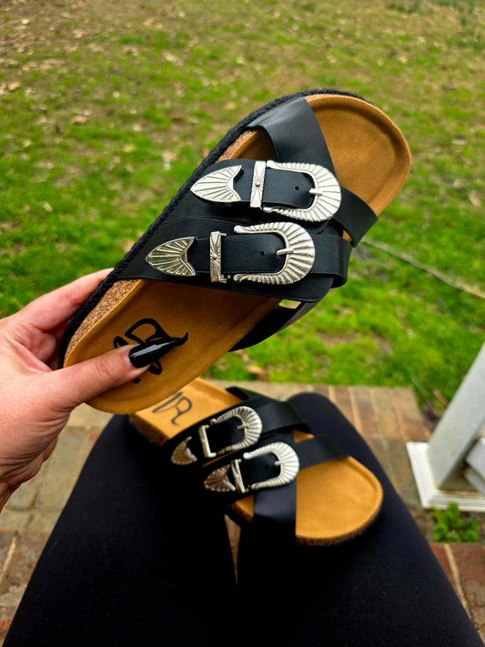 Western Black Buckle Sandals