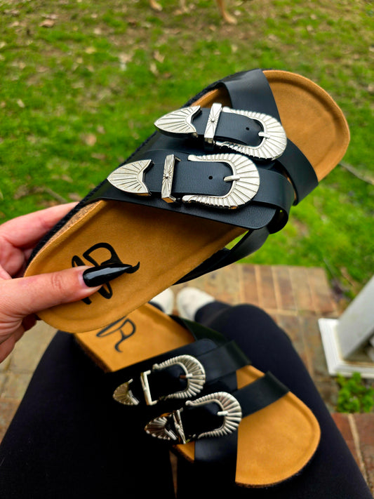Western Black Buckle Sandals
