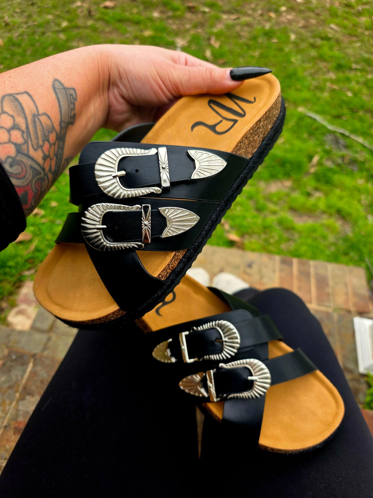 Western Black Buckle Sandals