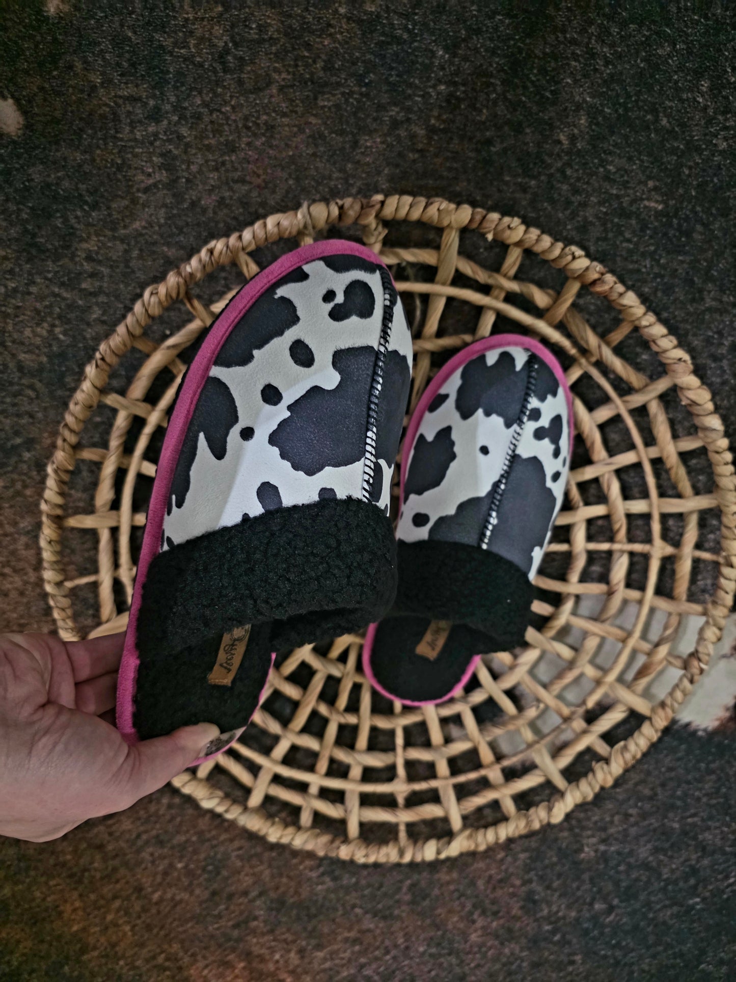 Black cowprint slippers