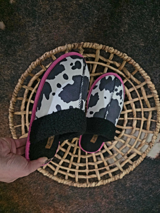Black cowprint slippers
