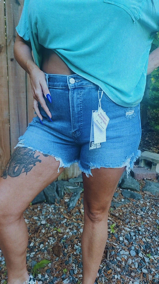 Tummy Control Elastic Band High Rise Distressed