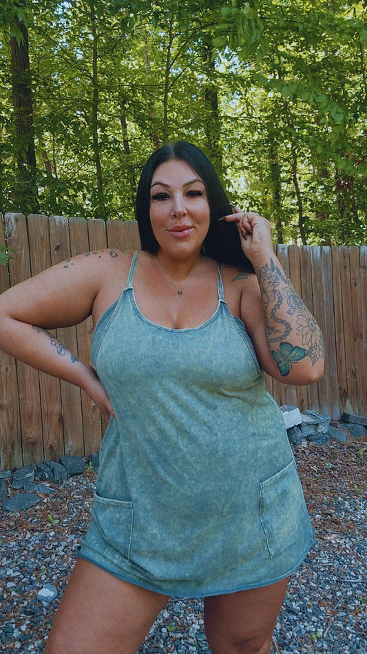 Acid Washed Mini Dress With Built-in Romper