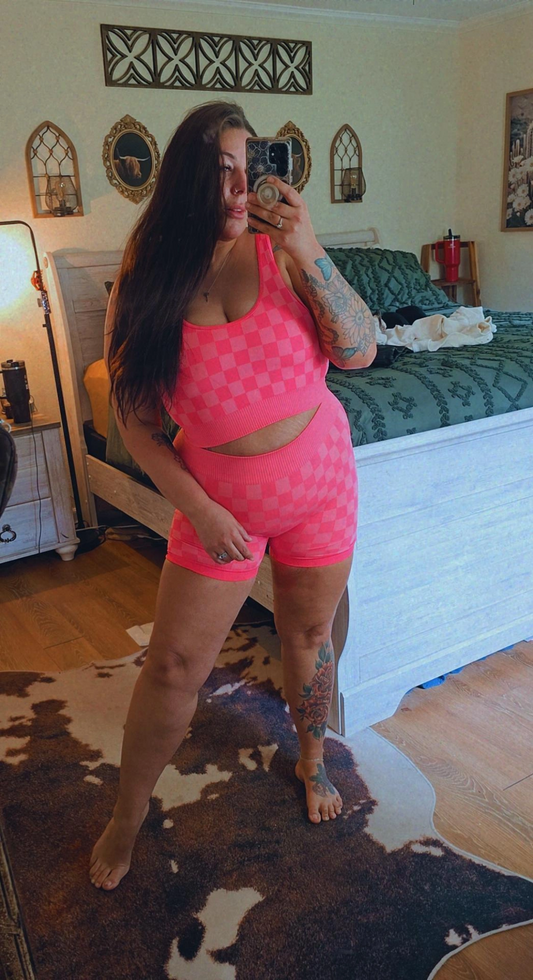 Checkmate Cropped Two Piece Set Hot Pink