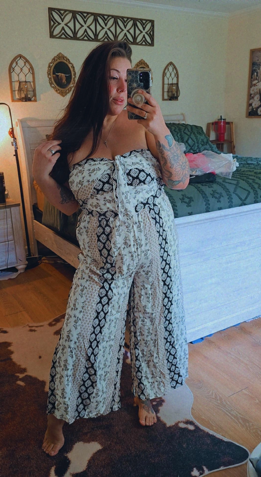 Strapless Boho Geometric Print Wide Leg Jumpsuit