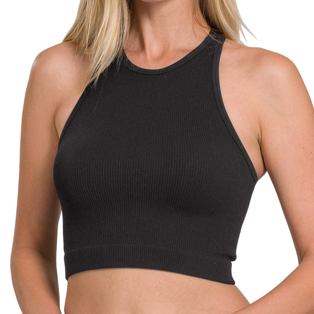 RIBBED SEAMLESS HIGH-NECK CROPPED TANK TOP