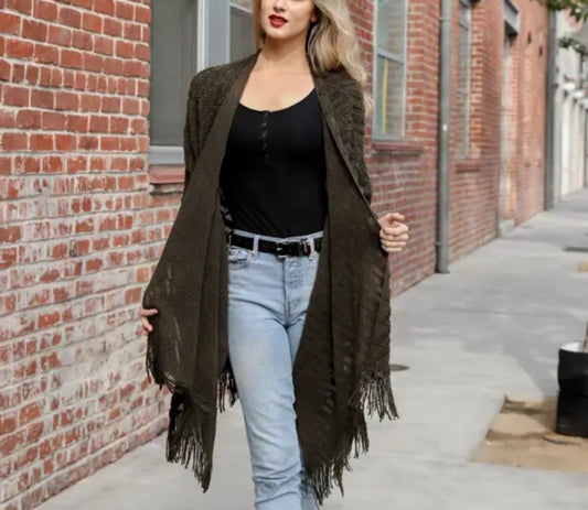 Soft Diagonal Knit Tassel Trim Ruana