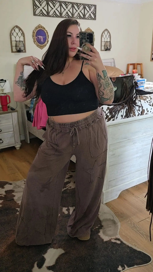 Mineral Wash Star Patch and Print Wide Leg Pants