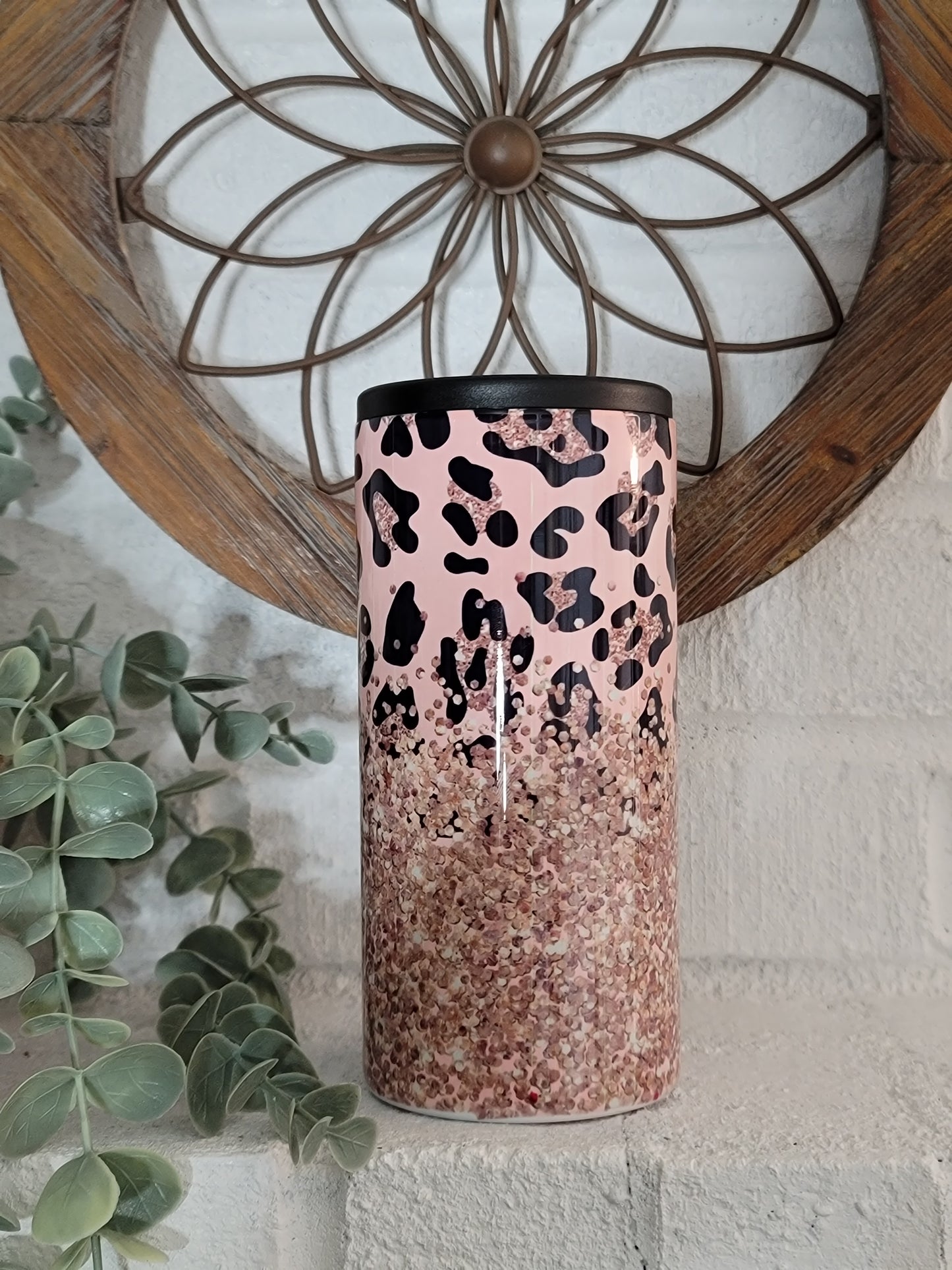 Pink Cheetah Glitter Can Cooler