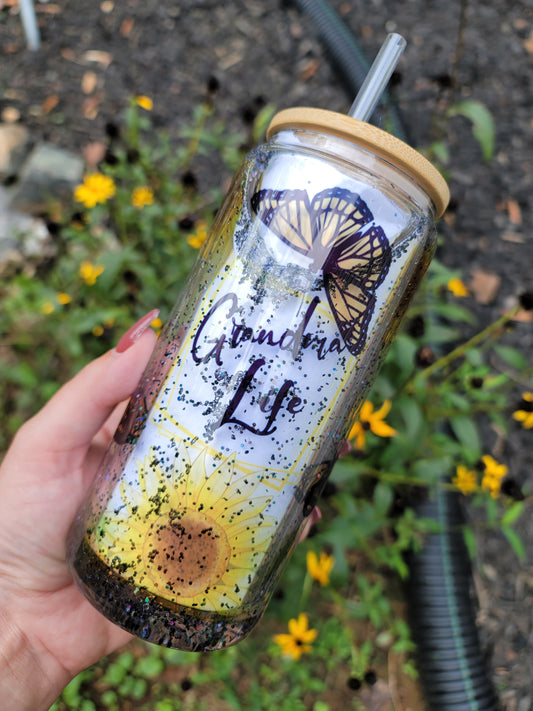 grandma life butterfly graphic snowglobe libbey beer glass tumbler with black glitter