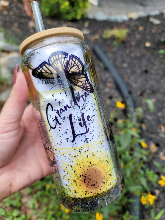 grandma life butterfly graphic snowglobe libbey beer glass tumbler with black glitter