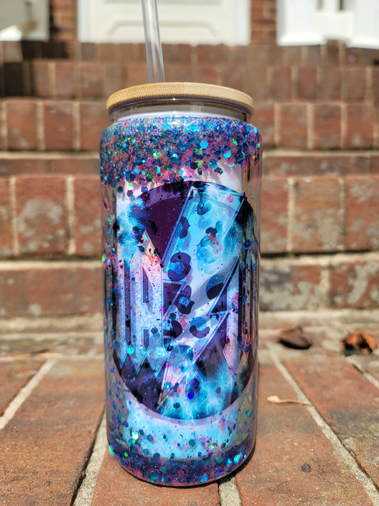 MAMA Design SnowGlobe Glass Tumbler with blue glitter. Bamboo Lid with straw