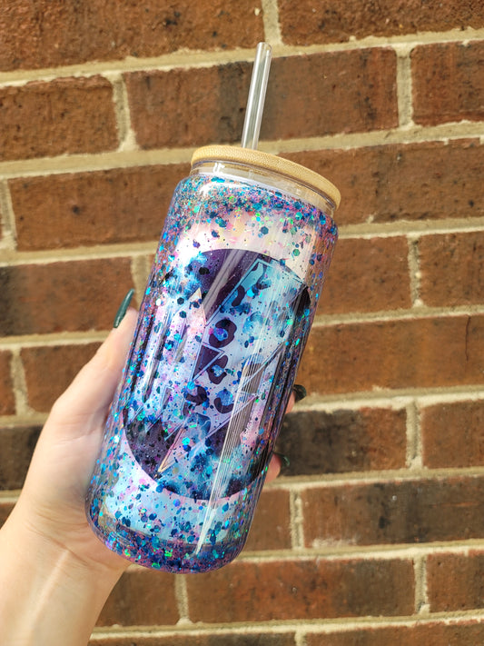 MAMA Design SnowGlobe Glass Tumbler with blue glitter. Bamboo Lid with straw