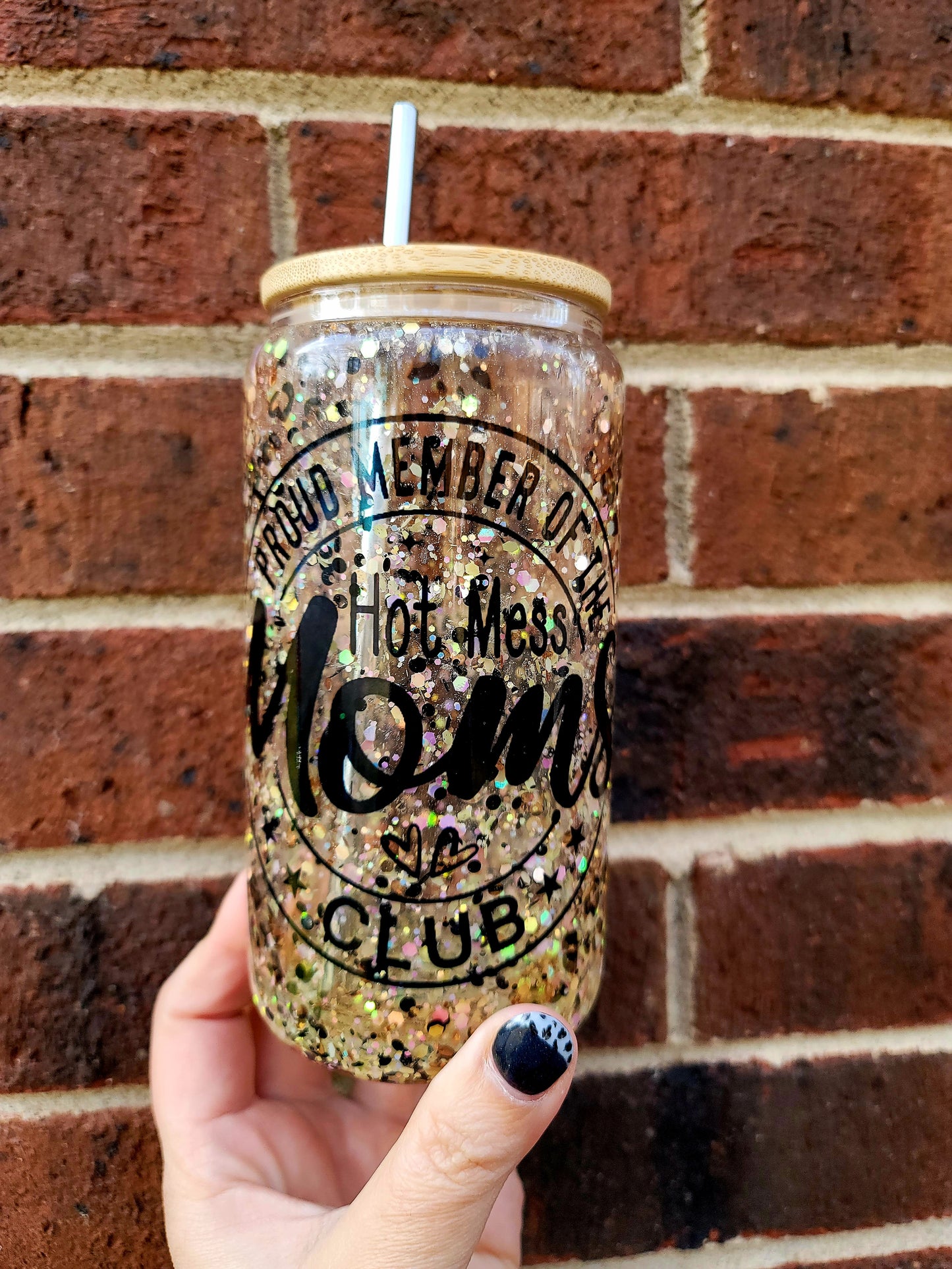 Hot Mess Mom Club Snowglobe Glass Tumbler