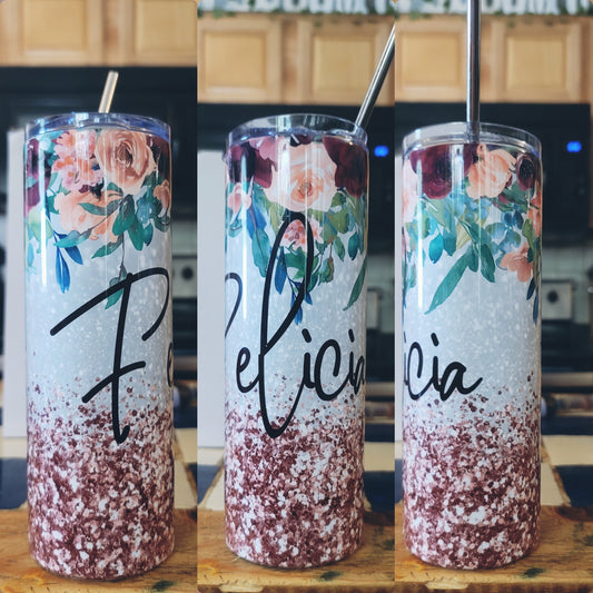 Rose Gold Glitter Flower Tumbler