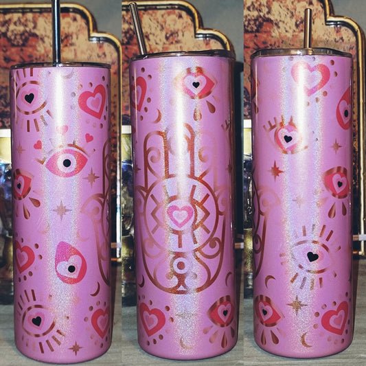 Evil Eye Pink Glitter Tumbler