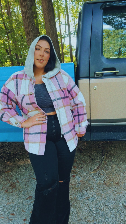 Hooded plaid comfy casual jacket. Button down pocket patched dropped shoulder