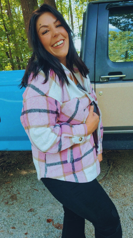 Hooded plaid comfy casual jacket. Button down pocket patched dropped shoulder