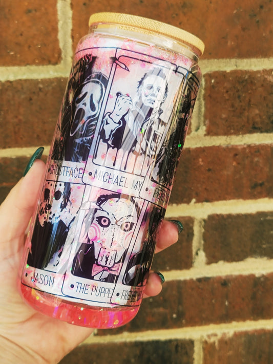 Horror character libbey beer glass tumbler with glitter