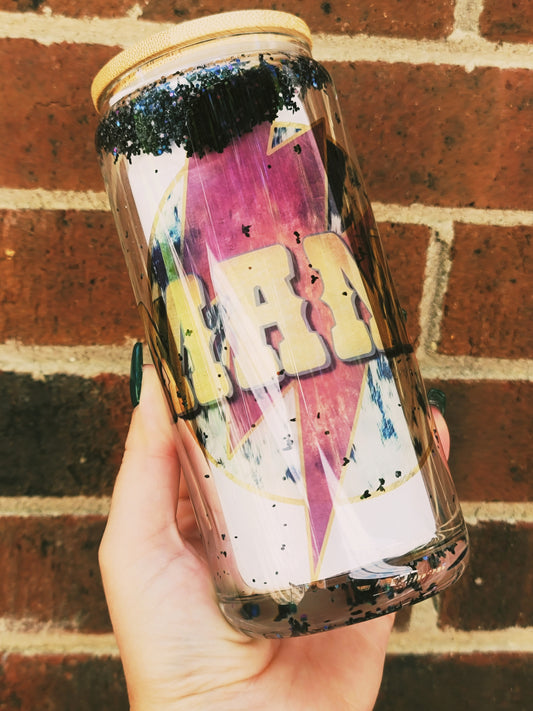 Mama graphic snowglobe libbey beer glass tumbler with black glitter