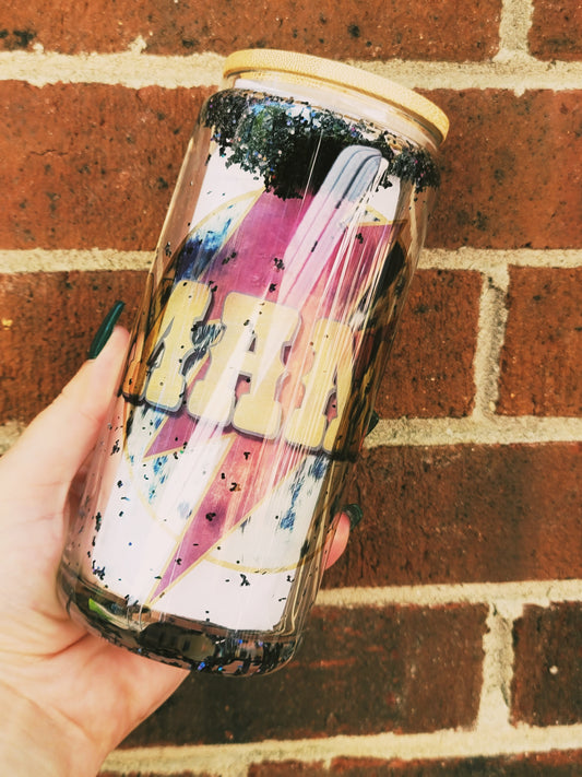 Mama graphic snowglobe libbey beer glass tumbler with black glitter