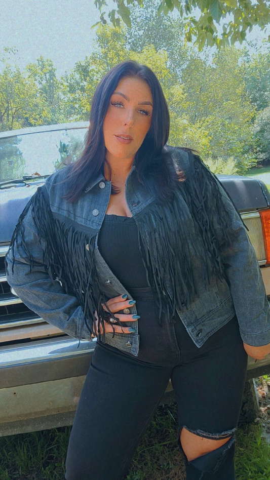 Black denim jacket with suede fringe detail 