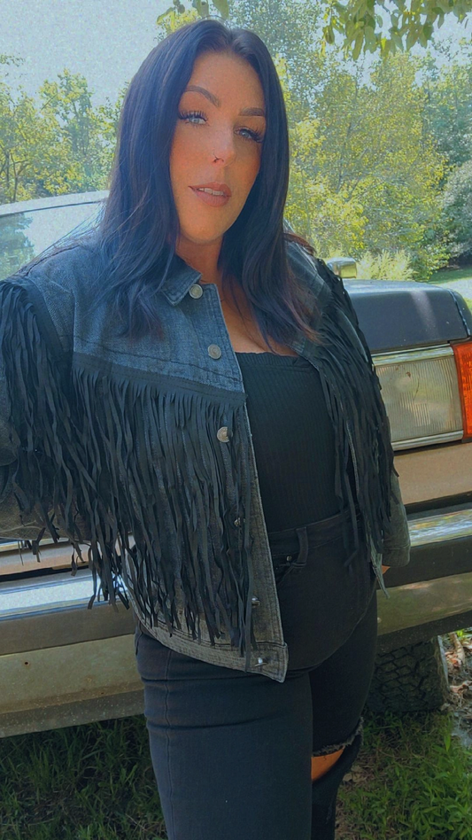 Black denim jacket with suede fringe detail 