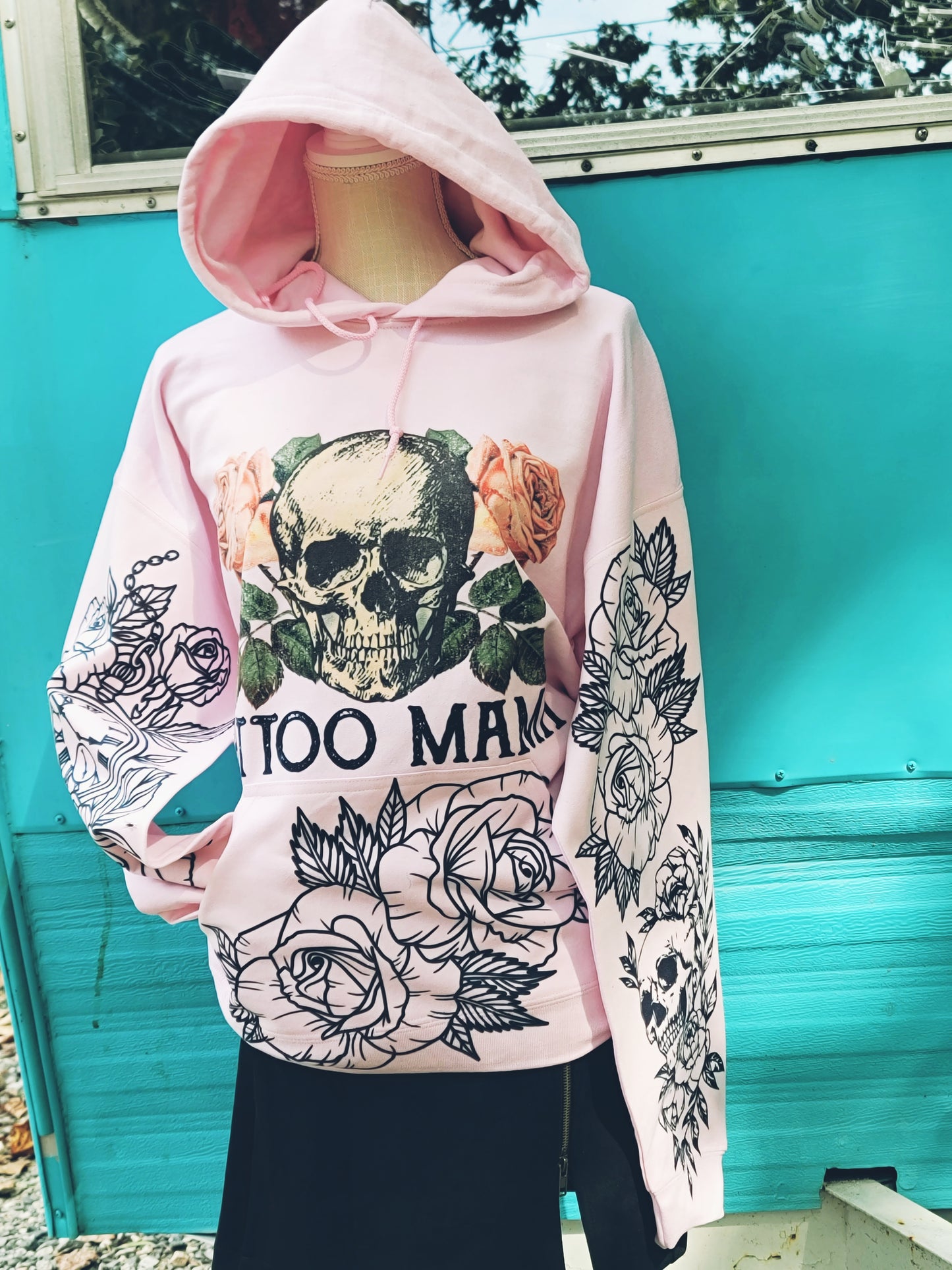 Pink tattooed mama graphic hoodie with skull and flowers skull with flowers