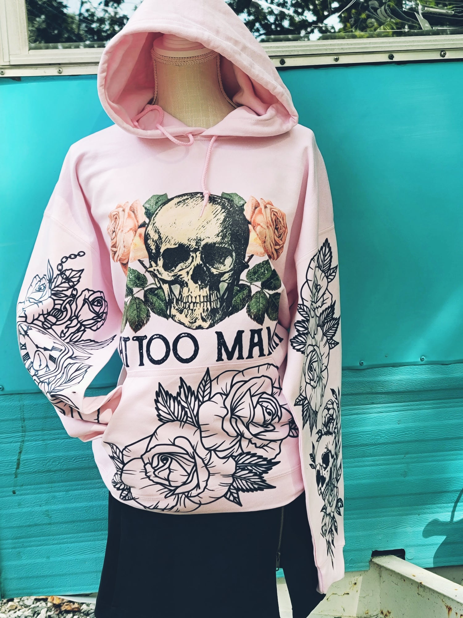 Pink tattooed mama graphic hoodie with skull and flowers