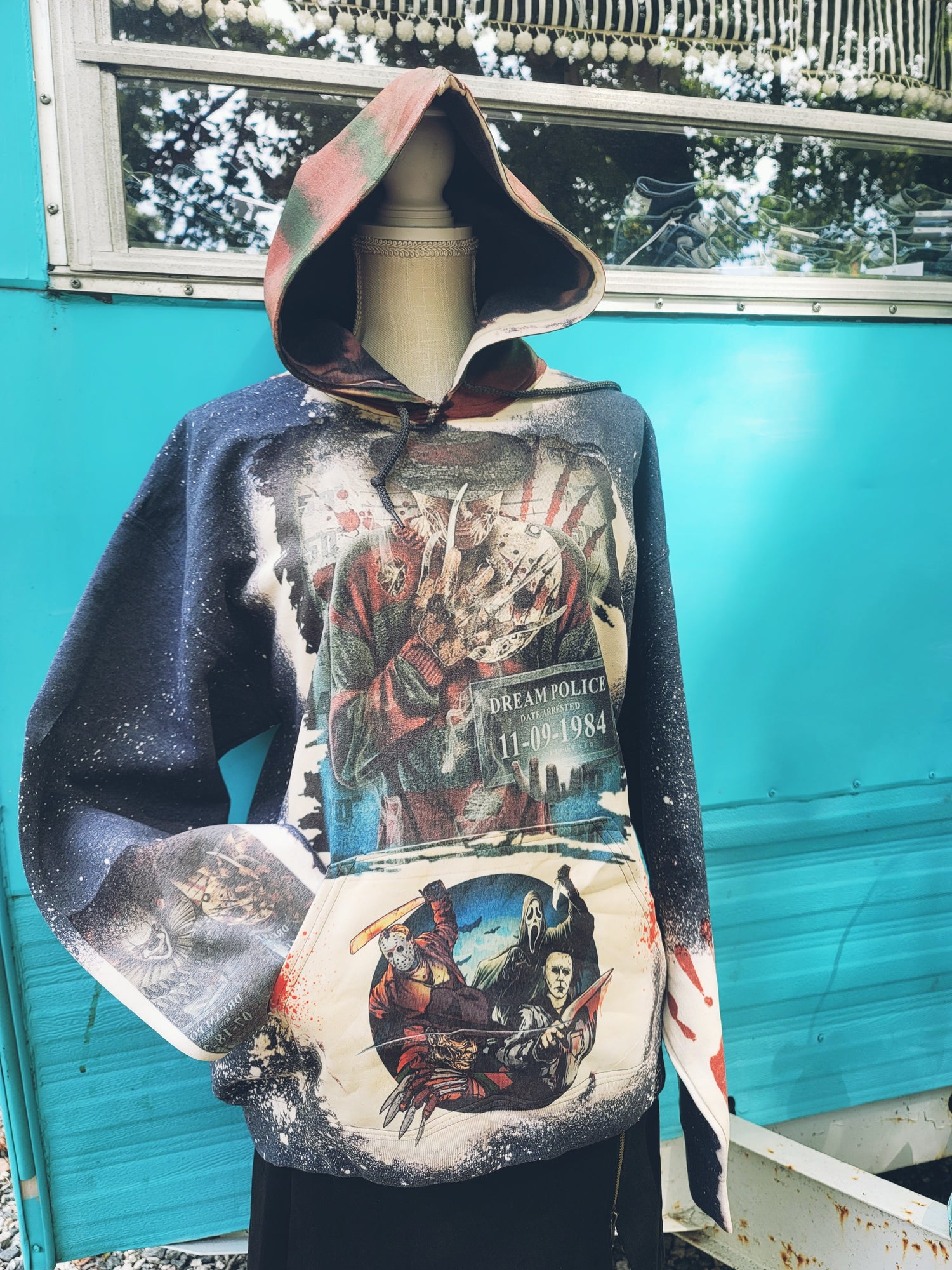 Bleached Handmade Hoodie with Halloween Characters