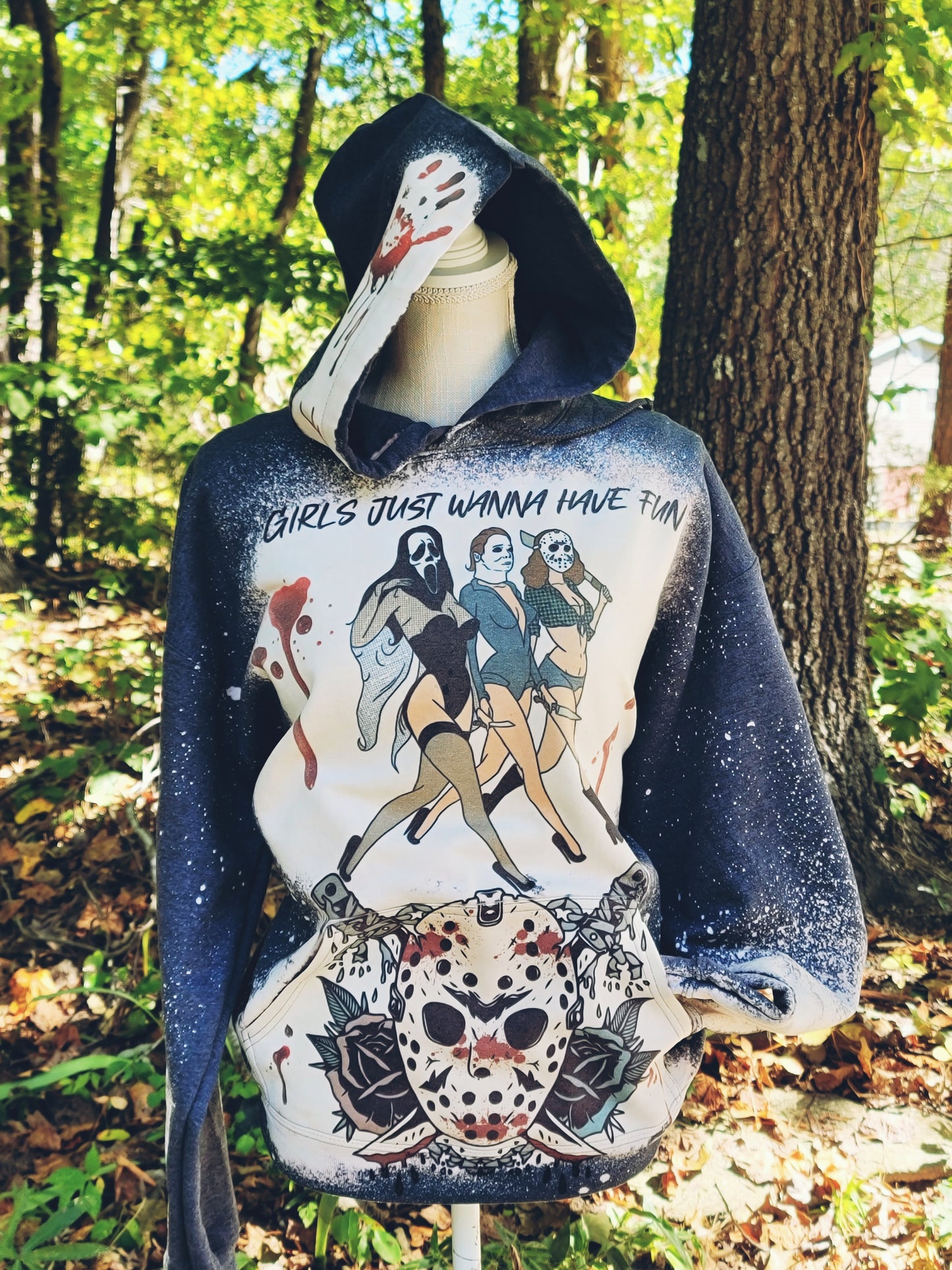 Bleached Handmade Hoodie with Halloween Characters