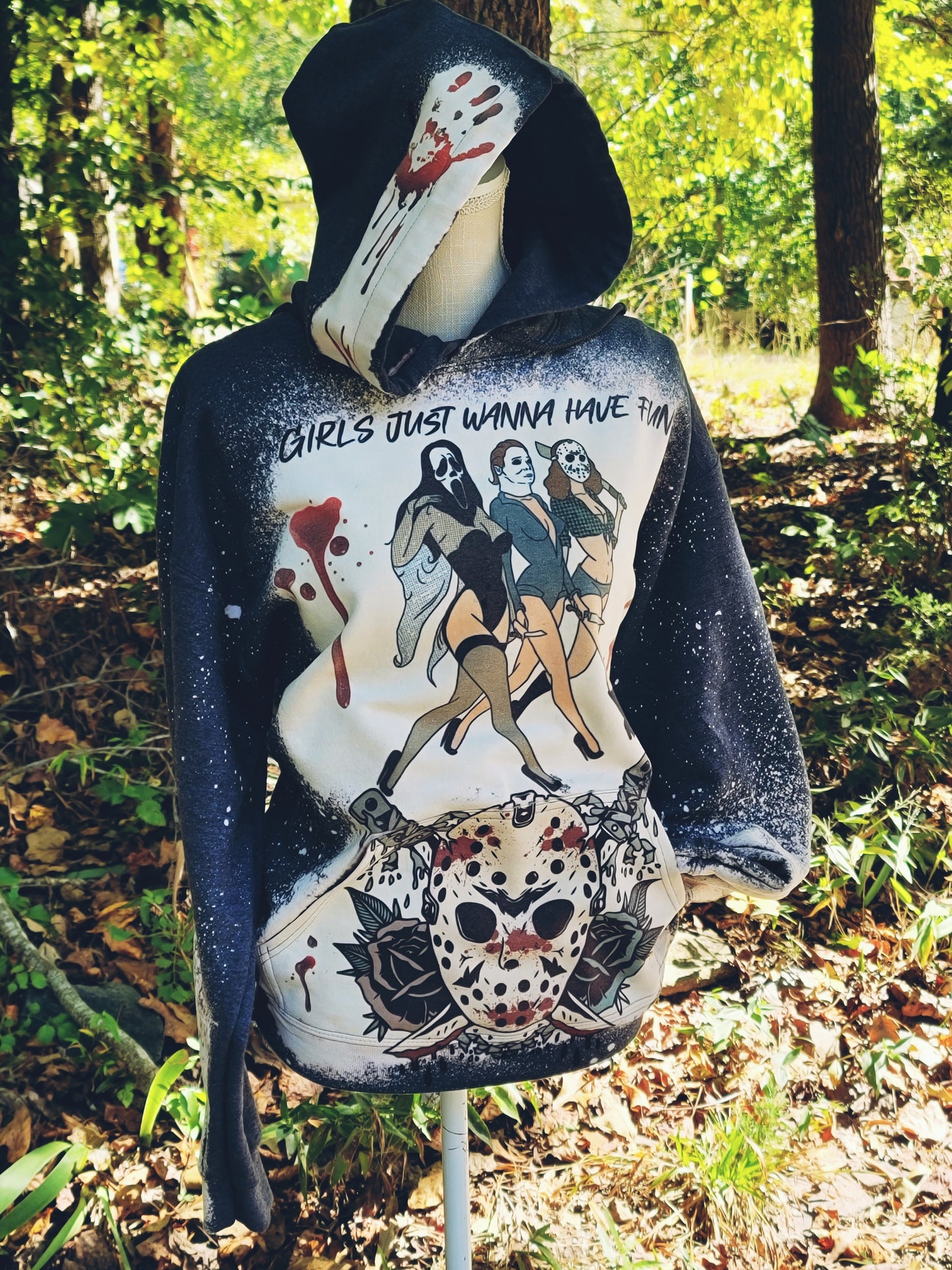 Bleached Handmade Hoodie with Halloween Characters