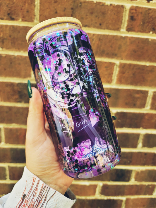 Horror Halloween Character Snow Globe Glass Tumbler with Purple shimmering Glitter.