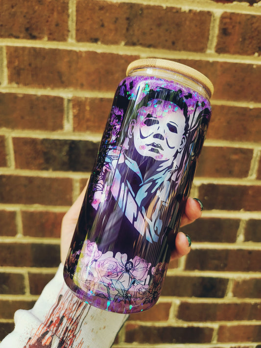 Horror Halloween Character Snow Globe Glass Tumbler with Purple shimmering Glitter.