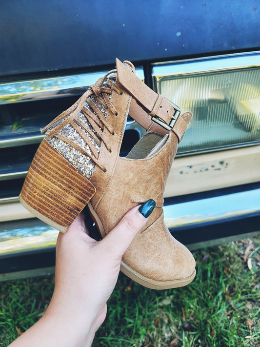 Tan and Gold Womens Bootie with heel. Corset set back with gold glitter, adjustable ankle strap for comfort.