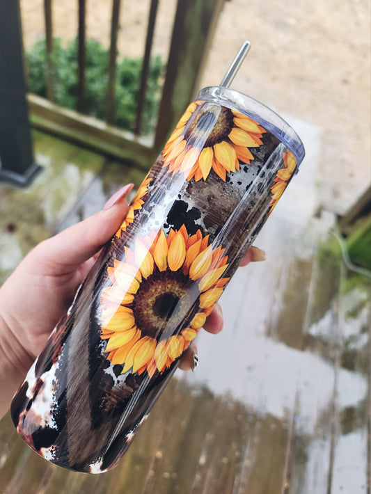 Cowprint & Sunflower Skinny Tumbler