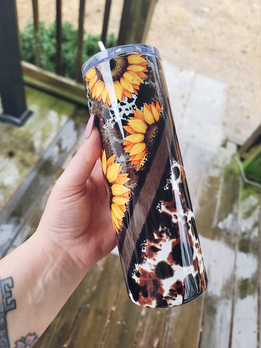 Cowprint & Sunflower Skinny Tumbler