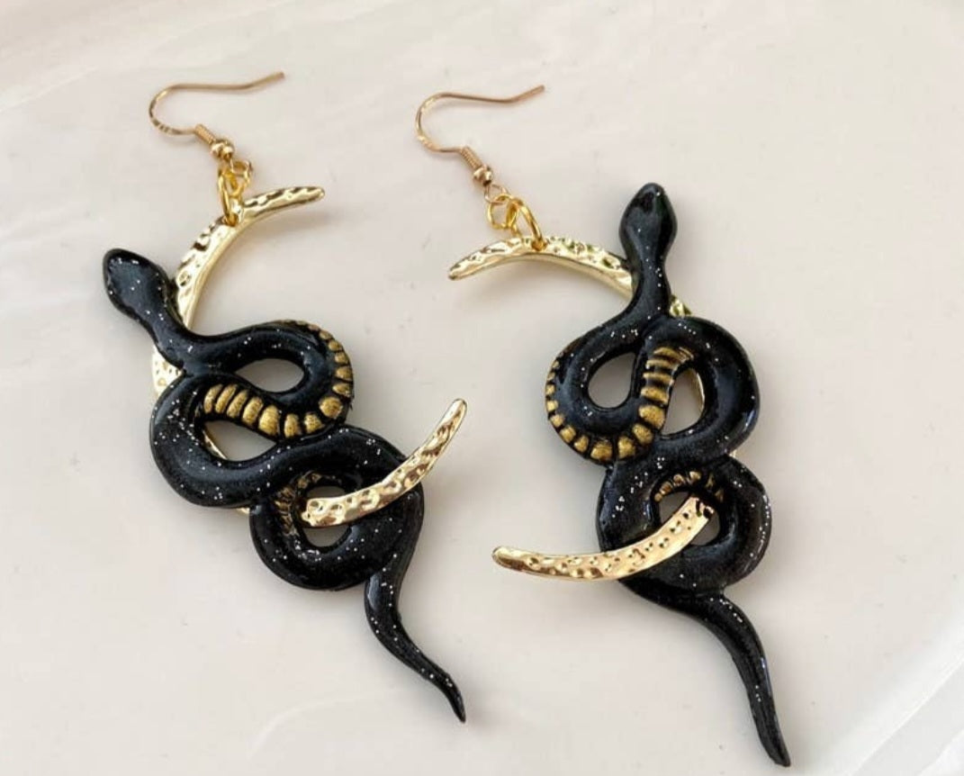 Black Moon Snake Earrings